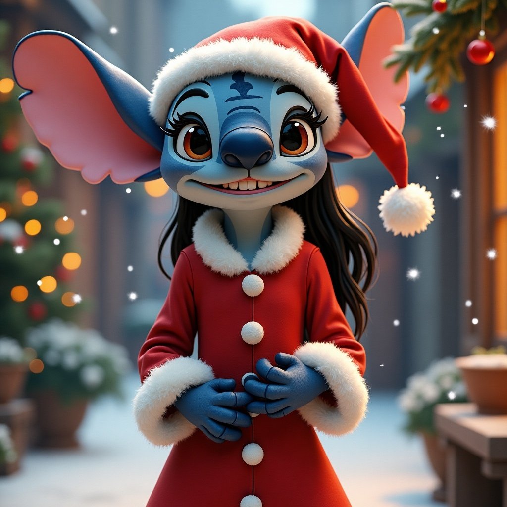 Disney character inspired by Stitch, wearing a red Santa outfit with white fur trim, smiling in a winter setting with Christmas decorations.