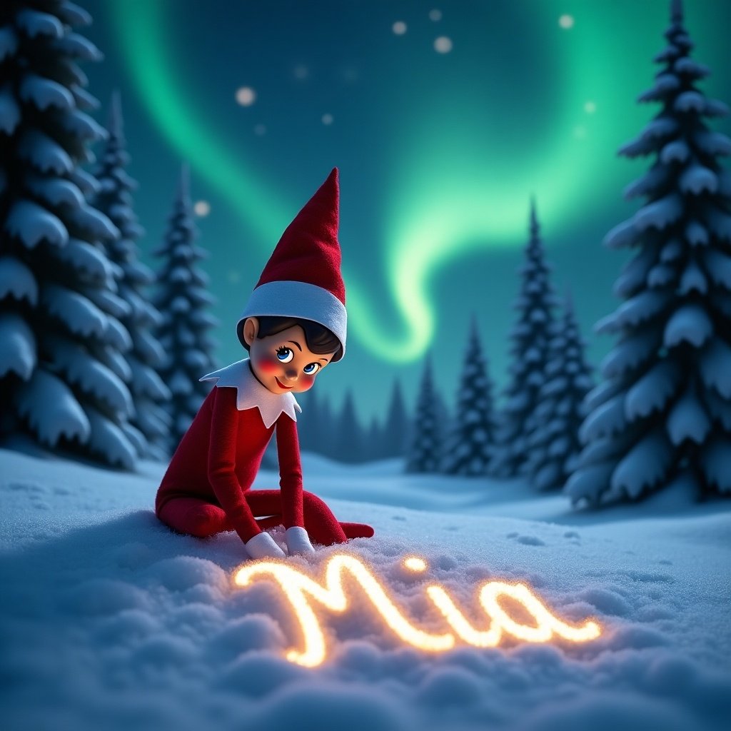 Animated elf sitting in snow writing name 'Mia' in cursive. Backdrop has vibrant northern lights and snow-covered pine trees. Magical and festive atmosphere.