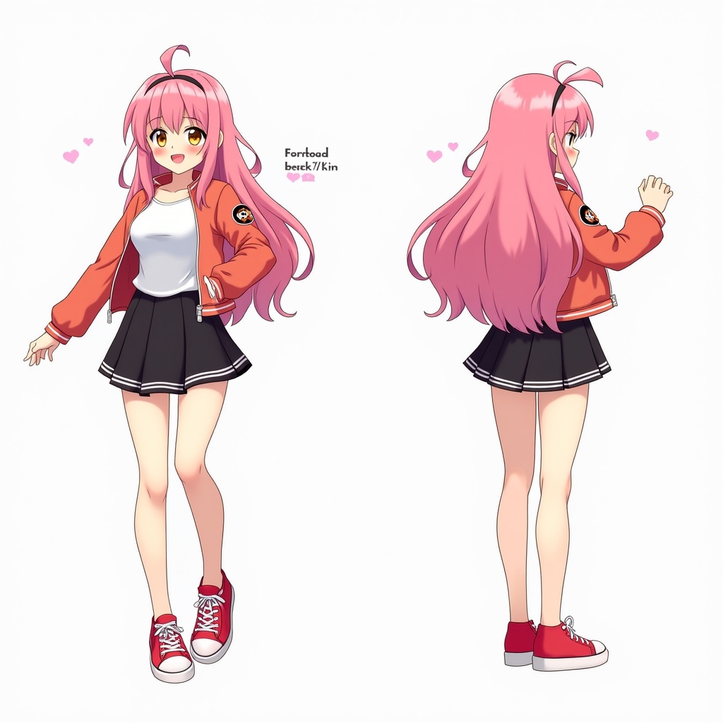 This image features a cheerful anime-style character turn-around sheet. The character has long pink hair and wears a stylish jacket over a white shirt. She pairs her outfit with a black skirt and vibrant red sneakers. The sheet presents her in three views: front, side, and back. The artwork highlights her playful demeanor and casual outfit, making it a versatile design reference for various creative projects.