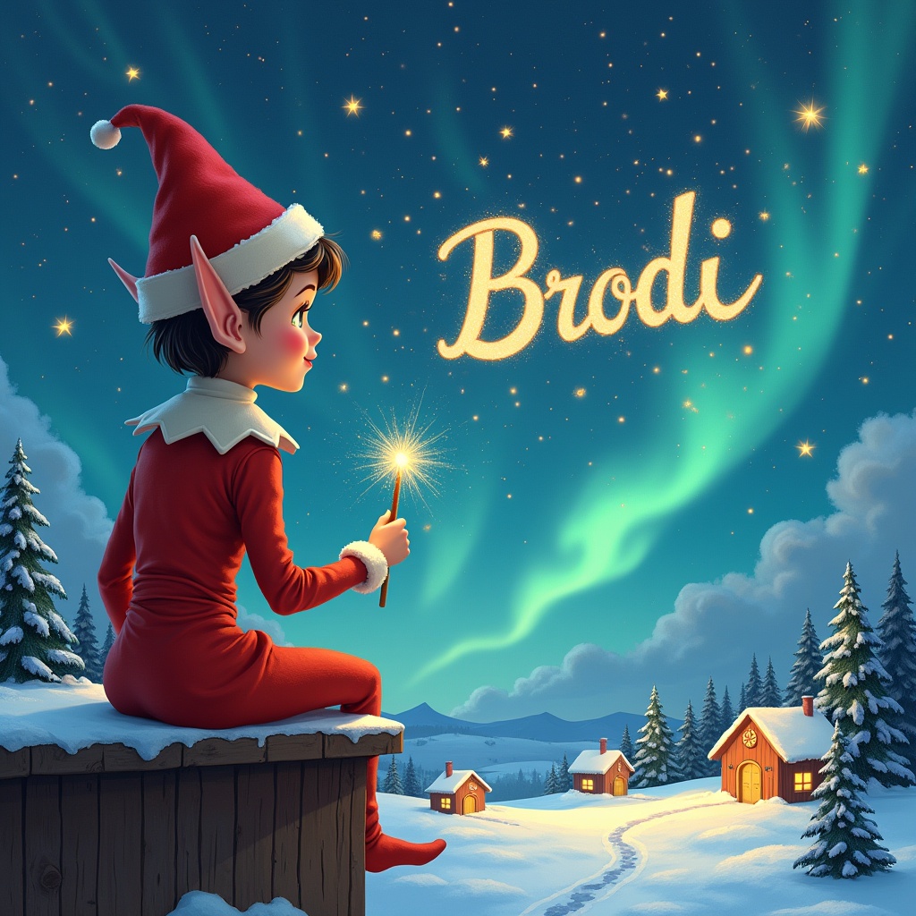 An elf dressed in red sits on a wooden ledge, looking back at a magical sky. The elf holds a sparkling wand, writing the name 'Brodi' among the stars. Behind the elf, a snowy village with charming houses and evergreen trees is seen. Shimmering Northern Lights fill the sky with vibrant colors. The scene breathes childhood wonder and Christmas spirit. The elf continues to write other names like 'Natasha' and 'Ada', adding to the festive atmosphere.