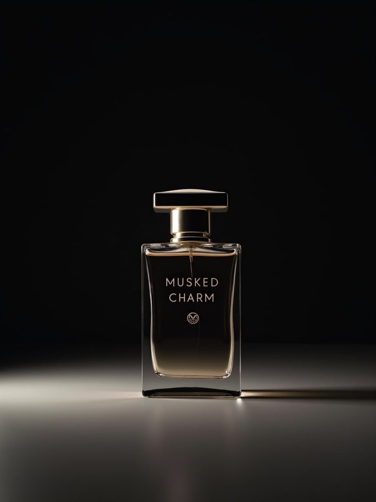 The image showcases a minimalist perfume bottle labeled MUSKED CHARM. The transparent bottle reflects sophistication. It is positioned on a smooth surface against a dark background. The soft lighting enhances the allure and mystery of the setting. The image conveys luxury and appeals to modern consumers.