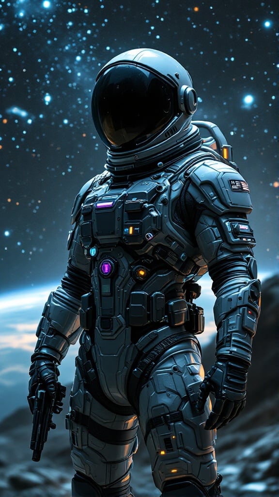 Astronaut in metallic exosuit. Exosuit has utility pouches and a holstered gun. Astronaut poses heroically. Background shows a starry galaxy. Subtle neon-lit spaceship visible. Inspired by futuristic artists. Dark and gritty color palette. Emphasis on dynamic lighting and metallic textures.