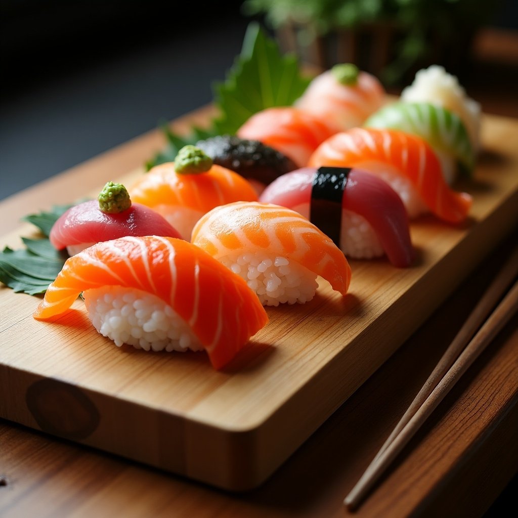 Sushi arranged on a wooden platter with various toppings and garnishes. Fresh ingredients visually appealing. Traditional Japanese dish.