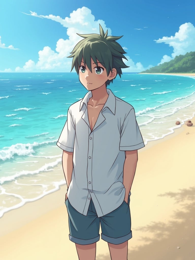 Anime boy stands at the beach. Ocean waves gently lap at the shore. The sky is clear with fluffy clouds. The boy wears a casual shirt and shorts. The scene conveys a sense of summer and relaxation.