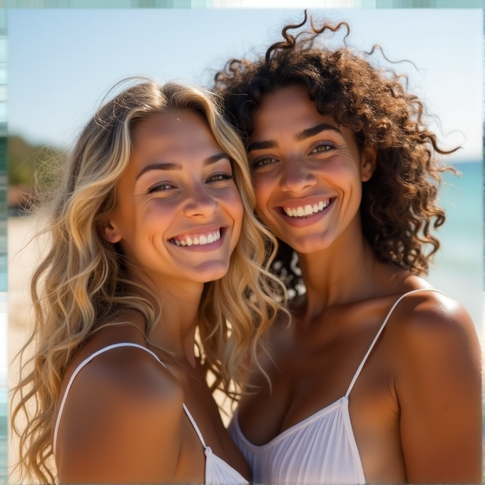 Two women with radiant smiles enjoying a sunny day at the beach, dressed in light, breezy dresses.