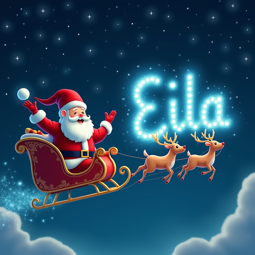 Father Christmas flying in a sleigh with reindeer. Writing Eila in the night sky with lights. Magical winter scene in a festive atmosphere.