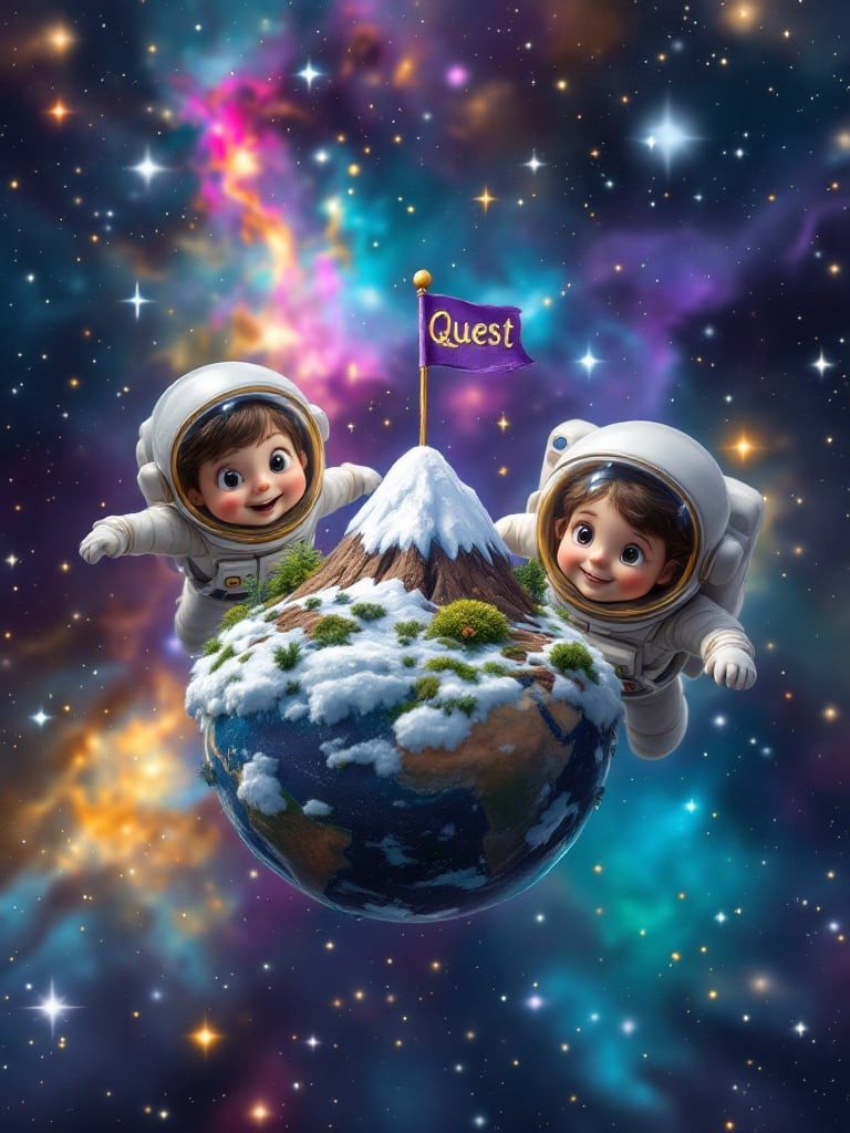 Scene of two children in astronaut suits exploring space. They float around a tiny planet with a snowy mountain. A purple flag with the word Quest in gold is planted on the mountain. The background is filled with stars and colorful nebulae, creating a magical environment. The children express delight and excitement as they embark on an imaginary quest.