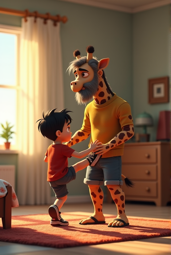 A young boy interacts with a friendly giraffe standing in a sunlit room.