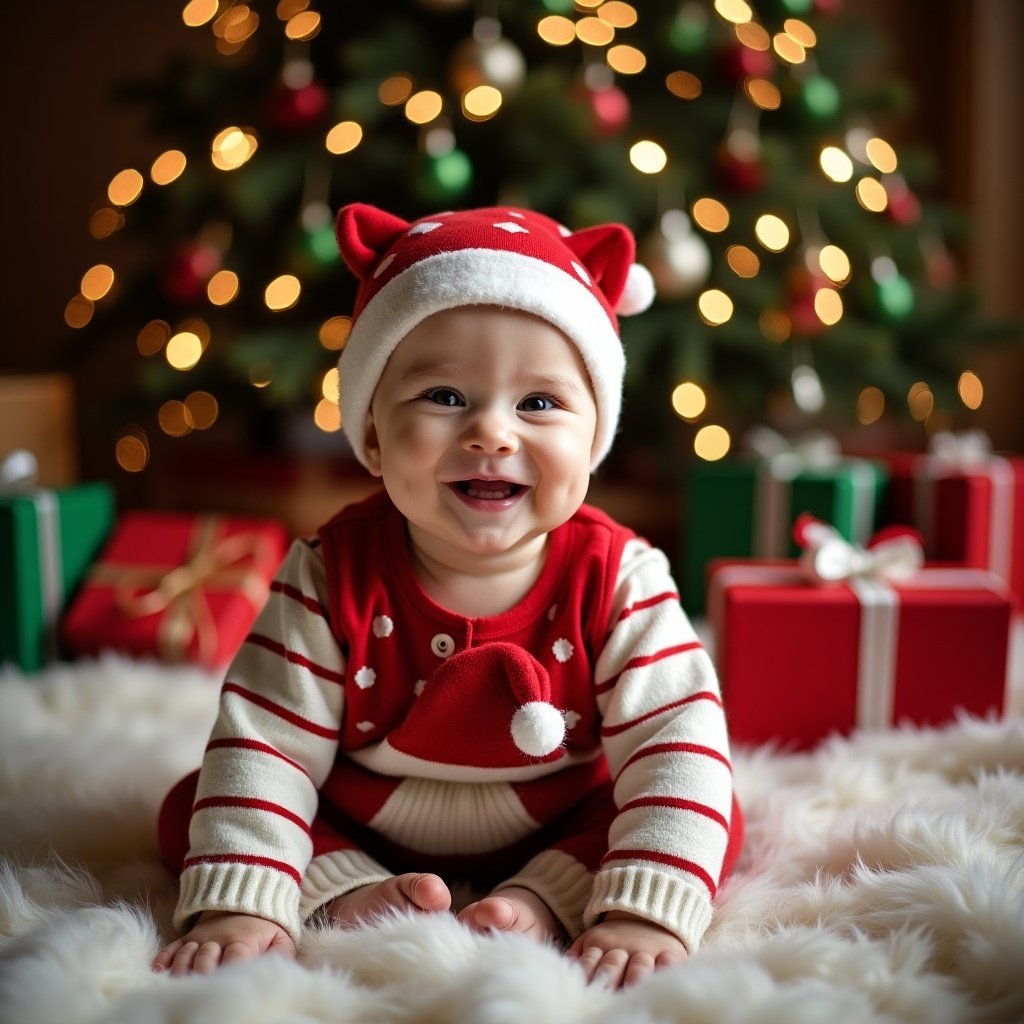 Baby sitting on soft white rug. Wearing Christmas outfit with red and white colors. Surrounded by gift boxes and soft a Christmas tree in the background.