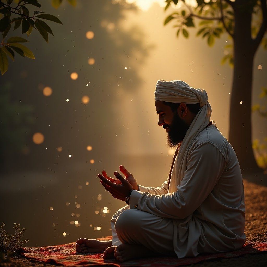 A person praying in a serene natural setting. Soft sunlight filters through trees, creating a peaceful atmosphere. The scene evokes feelings of spirituality and serenity. Light particles float in the air. The person is seated with hands raised for prayer.