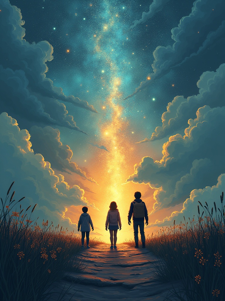 An illustration capturing the theme of 'Between Anxiety and Hope: Parental Thoughts on a Changing Future'. The image features a parent at a crossroads between two contrasting paths. One path symbolizes anxiety with dark, rapidly evolving technology, news feeds, and autonomous AI. The other represents hope with a bright future where children possess critical thinking and creativity. Children are depicted as future architects and designers, surrounded by symbols of technology harmonizing with humanity. Silhouettes of various sectors like law and medicine appear in the background. The sky is divided: one side with dark clouds and algorithms, the other with lighter tones and human symbols. Balance between uncertainty and optimism is portrayed through warm and cool colors, featuring subtle symbols of curiosity and the love of continuous learning.