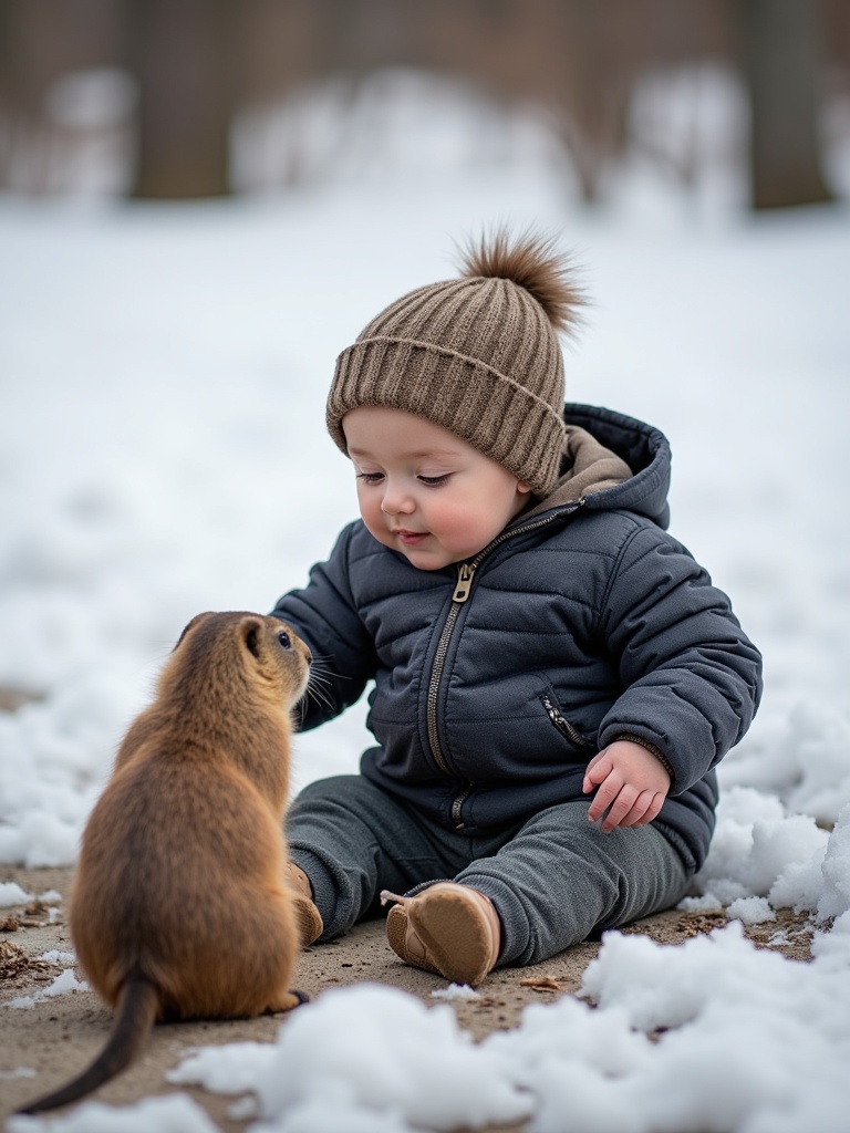 Baby dressed warmly sits in the snow. Groundhog approaches the child. Melting snow in the background creates a playful winter scene. Natural light enhances a cheerful atmosphere.