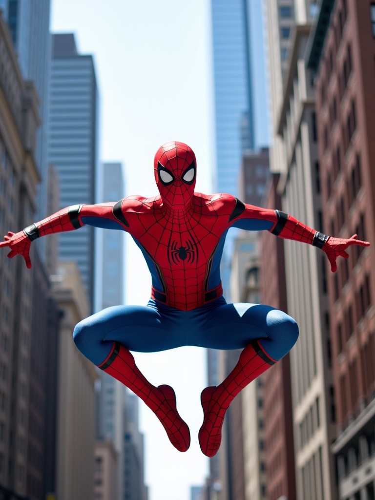 Photo of Spider-Man celebrating New Year with message for Liam. Spider-Man is in an action pose. Background features tall buildings in New York City. The scene captures bright daylight and dynamic movement. The costume is characterized by red and blue colors.