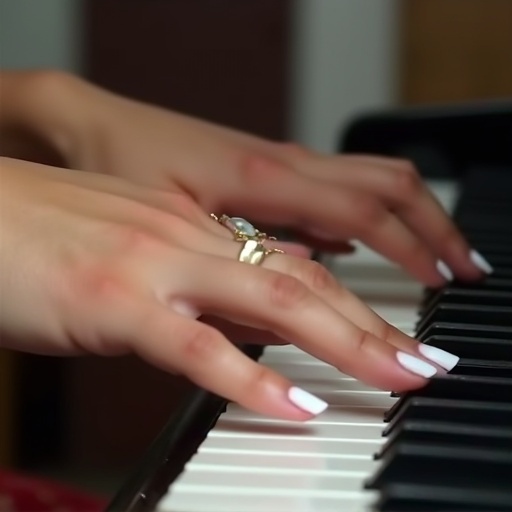 Close view of hands on a piano keyboard. Attractive hands with white nails play piano. The scene illustrates passion for music and beauty.