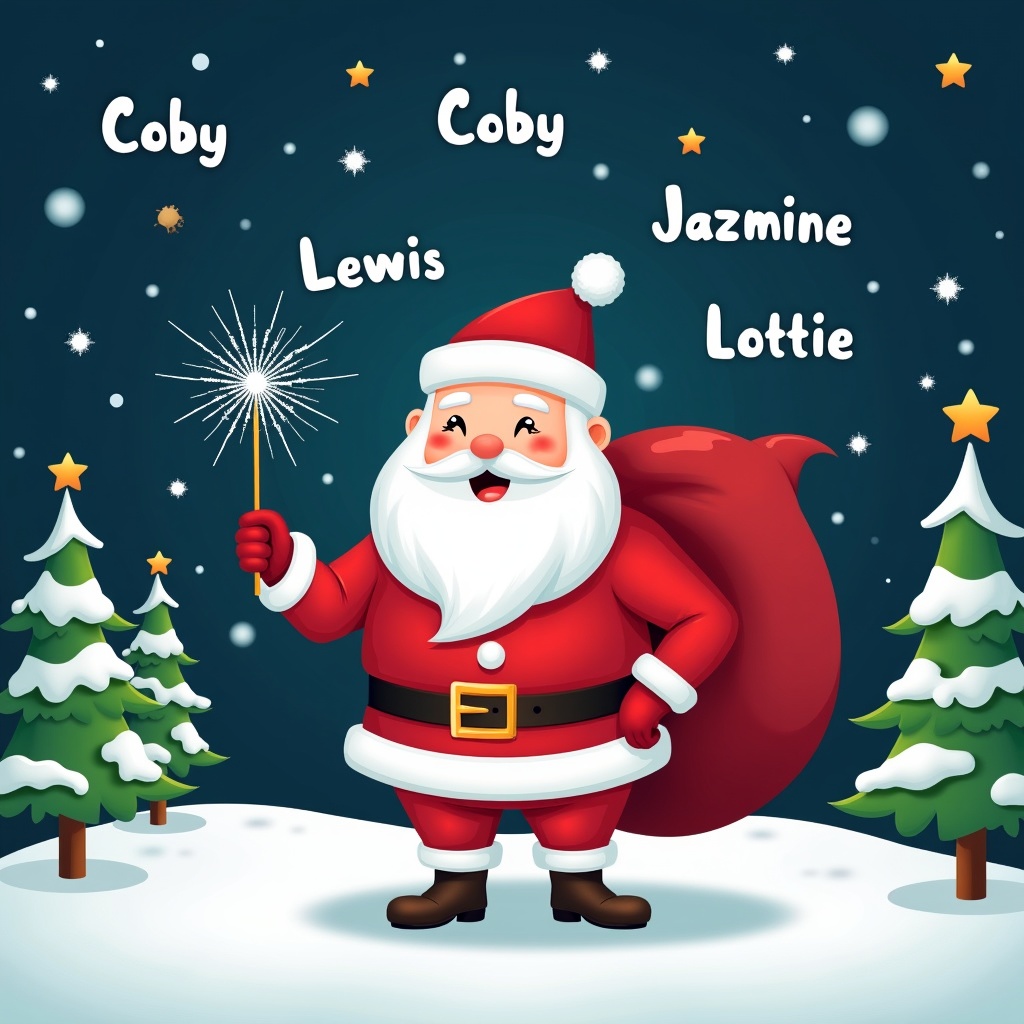 The image features a cheerful Santa Claus standing in a snowy landscape. He has a large red sack slung over his shoulder and is holding a sparkly wand. Santa is dressed in his traditional red and white outfit, complete with a belt and boots. Behind him, the night sky is illuminated with twinkling stars and the names Coby, Lewis, Kelsi, Jazmine, and Lottie appear prominently. Pine trees dot the snowy ground, encapsulating a festive winter atmosphere.