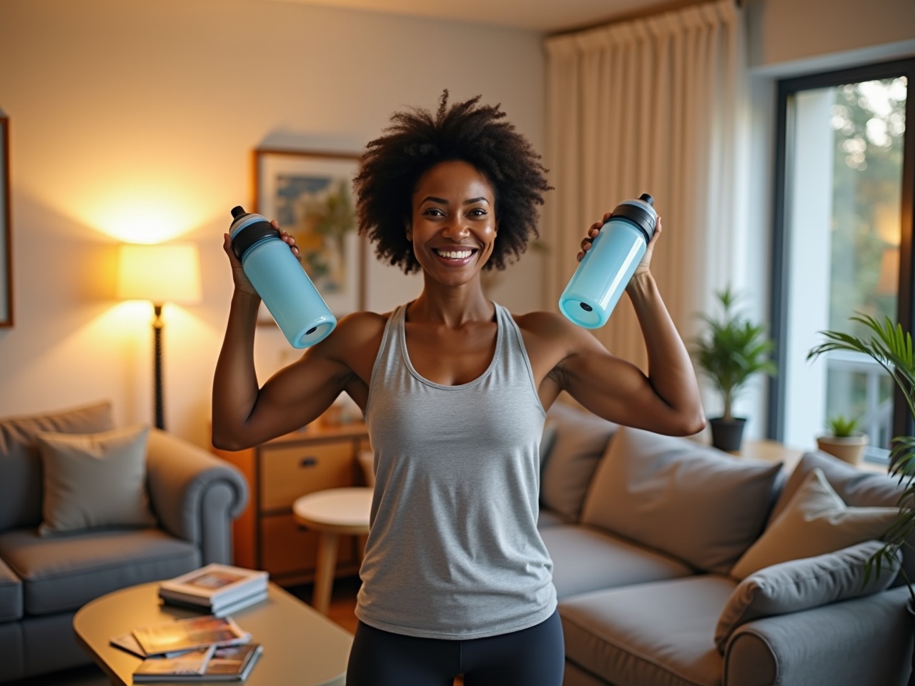 A photograph features a smiling, middle-aged African-American woman standing in a well-lit living room. She holds a water bottle in each hand, performing bicep curls with perfect form, displaying energetic positivity. Dressed in comfortable workout clothes, she ensures her elbows are close to her torso while moving her forearms in an arc. The cozy setting includes a plush sofa, a coffee table with magazines, and a potted plant, all perfectly lit with warm lighting. Her short, curly hair adds to her vibrant look, capturing an inspiring moment of fitness at home.