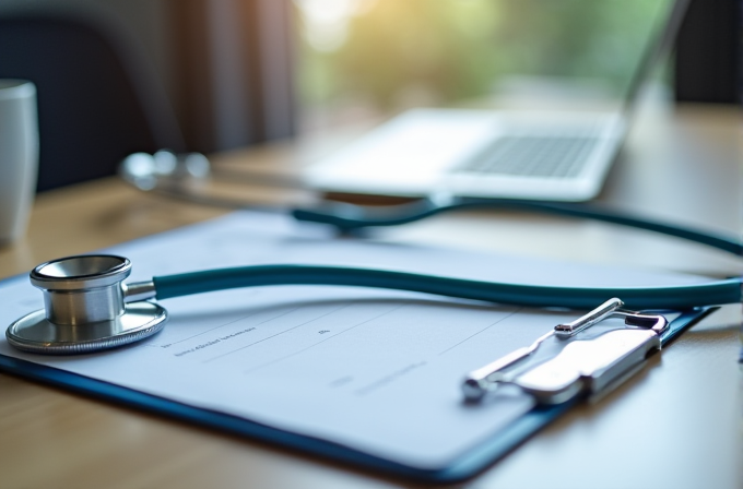 A stethoscope rests on a clipboard with papers on a wooden desk, with a blurred laptop in the background.