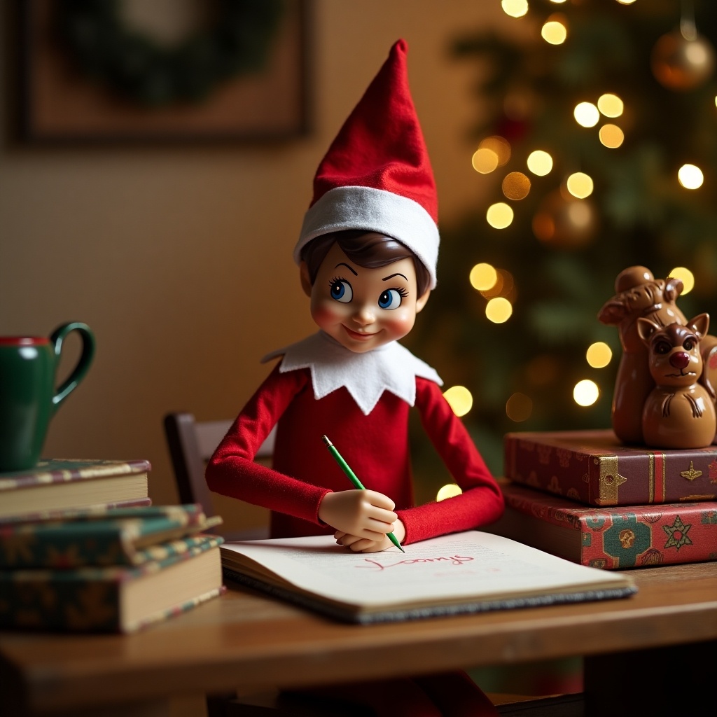 Elf on the Shelf in a Christmas scene. Elf writing the name Loomis with a notebook. Decorated with Christmas lights and festive elements. Cozy and warm atmosphere.