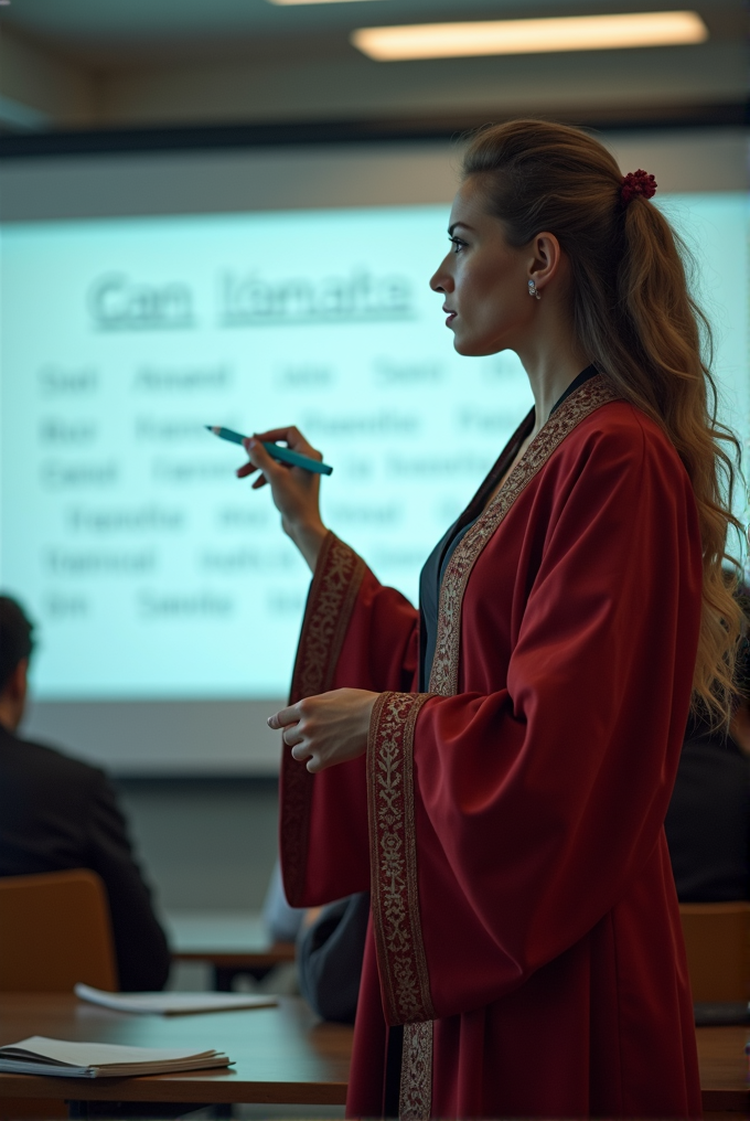 A woman in a red robe is standing and pointing at a presentation slide in a classroom.