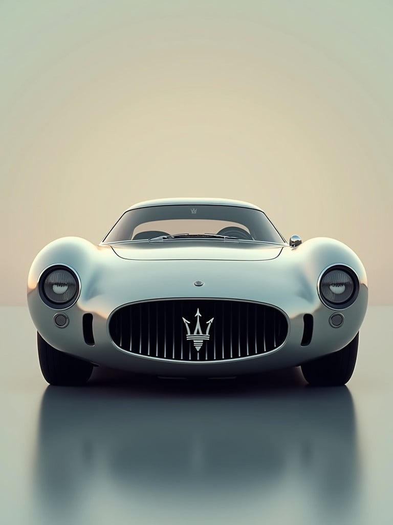 Concept car with minimalistic design. Inspired by Syd Mead. Featuring Maserati in front view. The design showcases smooth lines and a luxurious finish.