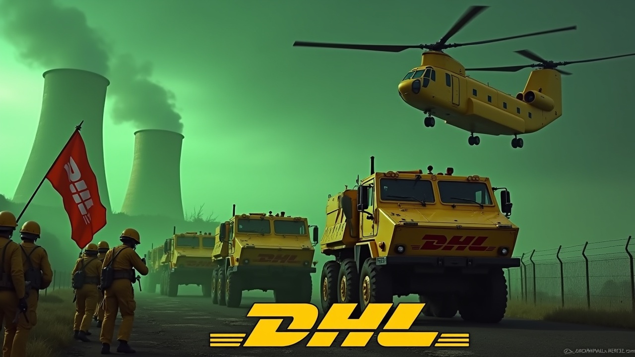 In a dramatic scene, several large yellow armored trucks with prominent cannons are driving toward a fence. The trucks display the DHL logo prominently on their sides. Nearby, soldiers in yellow uniforms march in unison, rifles at the ready, with one soldier holding a large DHL flag. In the background, glowing smokestacks of a nuclear power plant add a sense of urgency. Above, a Chinook CH-47 helicopter flies, enhancing the intense atmosphere. The entire scene is awash in an eerie green glow, making it visually striking and impactful.