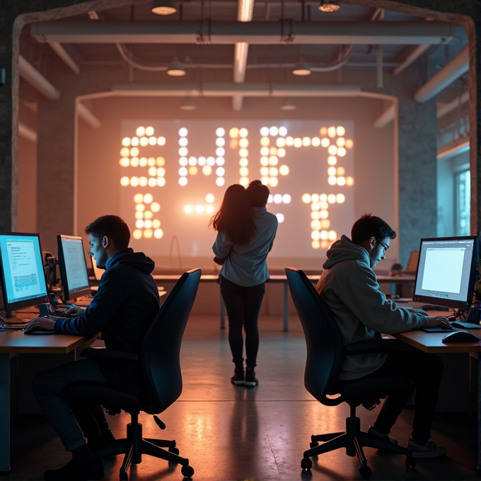 People are working on computers in a room with a large glowing sign in the background.