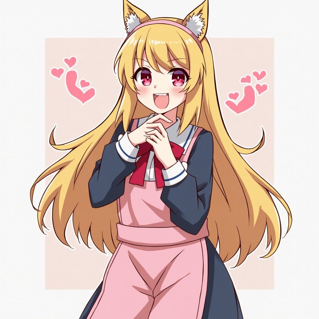 Anime character in a cute outfit with fox ears. The character has long blonde hair. The expression is cheerful and playful. Hands are clasped together. Background is simple and pastel-colored.