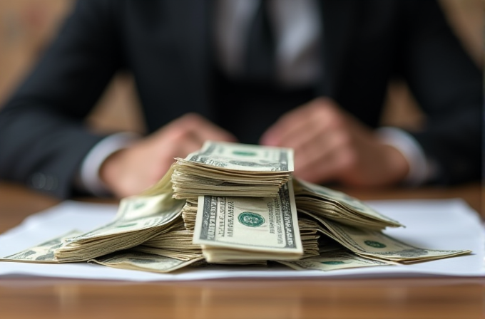 A person in a suit sits behind a large stack of dollar bills on a table.