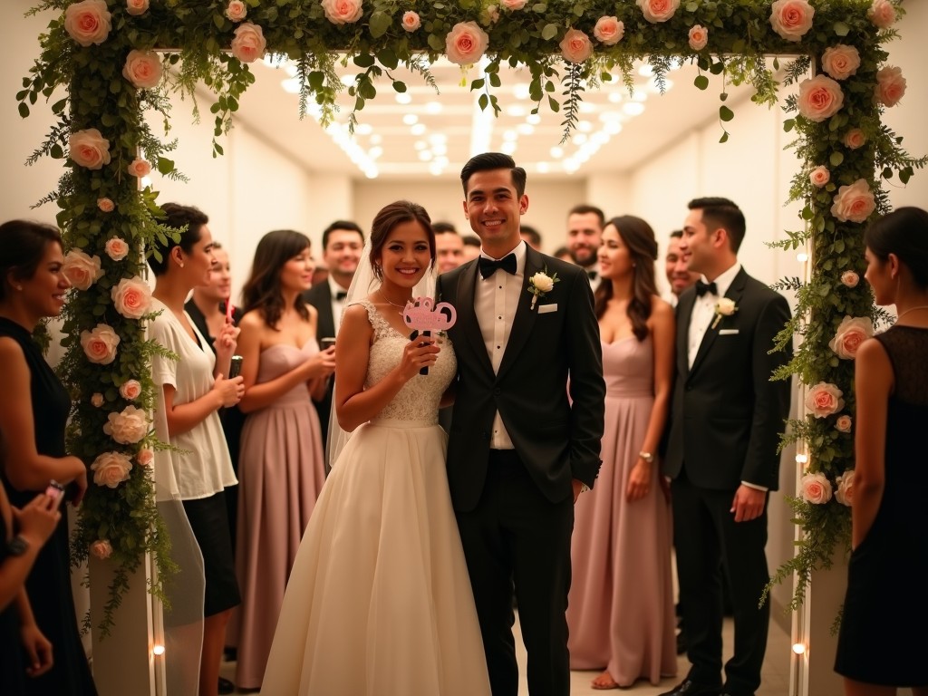 The image features a joyful wedding scene with a couple standing in a beautifully decorated photo booth. The bride, wearing a classic white gown, and the groom, dressed in a black tuxedo, are smiling at the camera. Surrounded by friends and family, they hold a playful prop for the photo. The backdrop is adorned with lush greenery and delicate flowers, creating an enchanting atmosphere. The guests in the background enjoy the celebration, adding to the warm, festive mood of the wedding. This moment captures love, happiness, and the joy of togetherness on a special day.