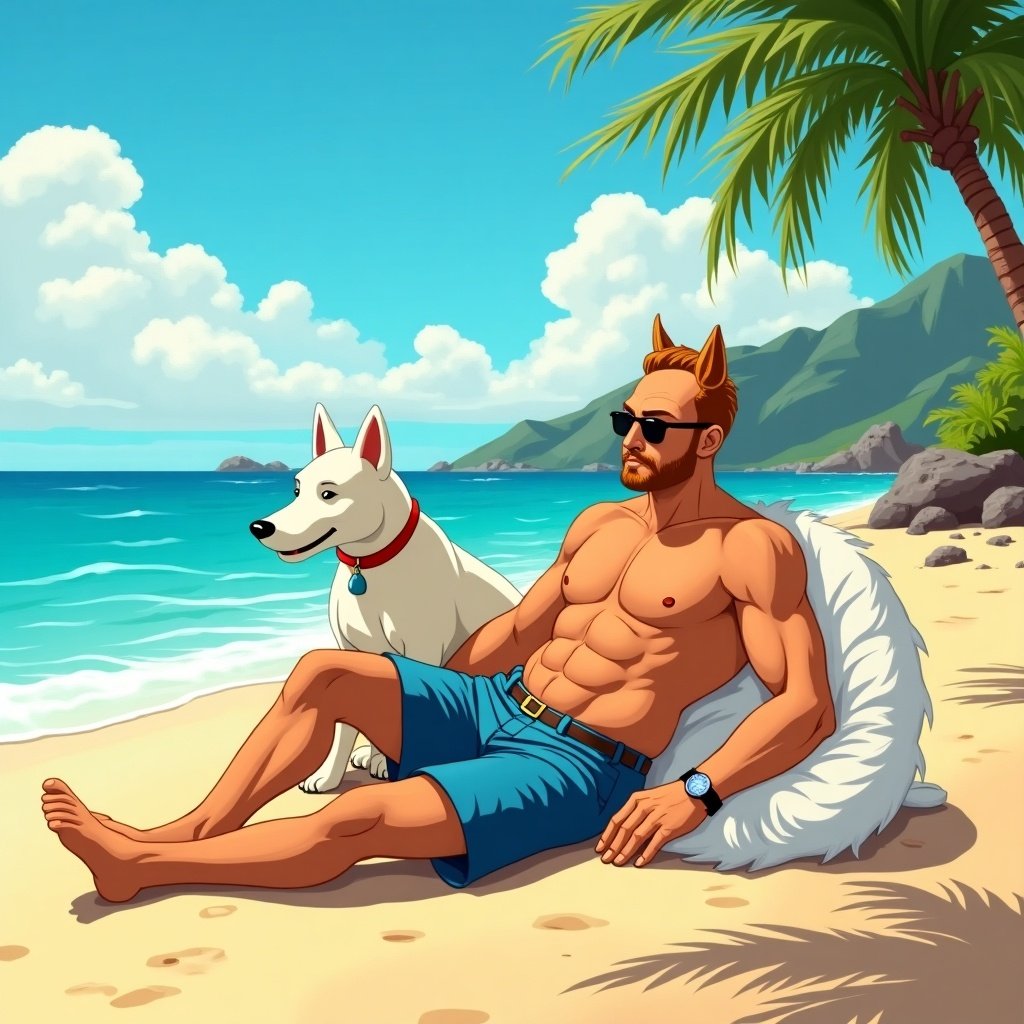 Cartoon character relaxing on beach with dog. Background includes palm trees and mountains. Blue sky and ocean. Character appears sunny and carefree. Dog sits next to character.