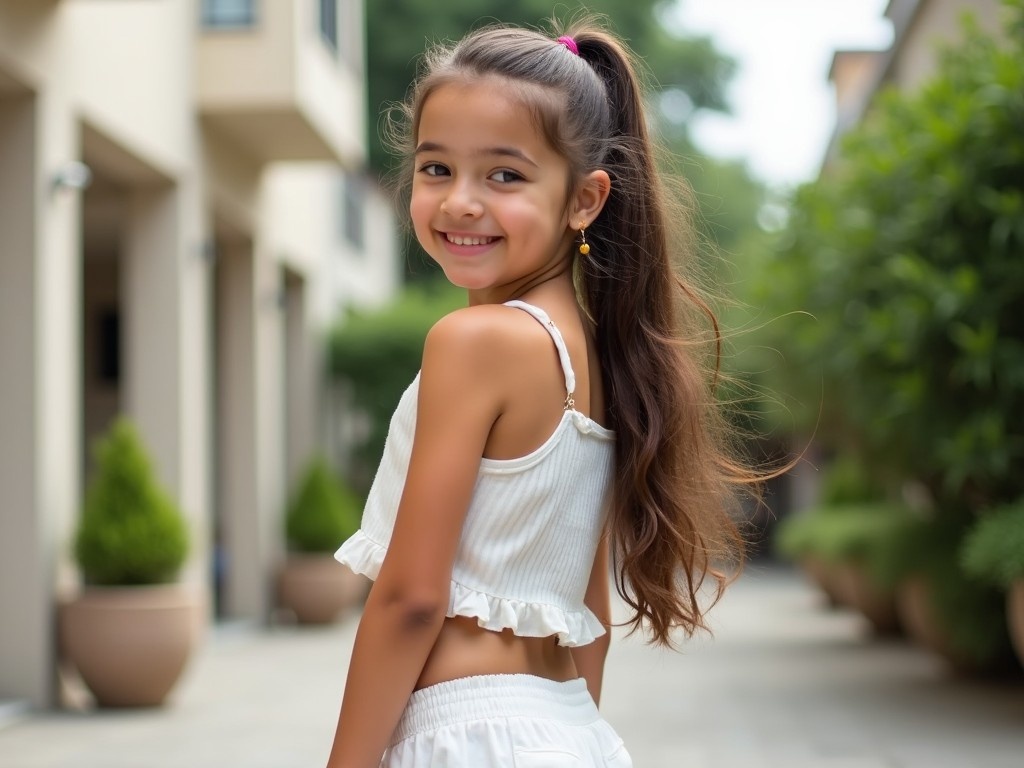 The image features a young girl with long hair styled in a ponytail, dressed in a cute white two-piece outfit. She is standing outdoors, slightly turned and smiling, capturing a playful summer moment. The urban backdrop includes buildings with greenery, enhancing the cheerful atmosphere. This setting suggests a carefree, sunny day. Her pose and expression convey confidence and joy, making it an appealing image for fashion or lifestyle purposes.