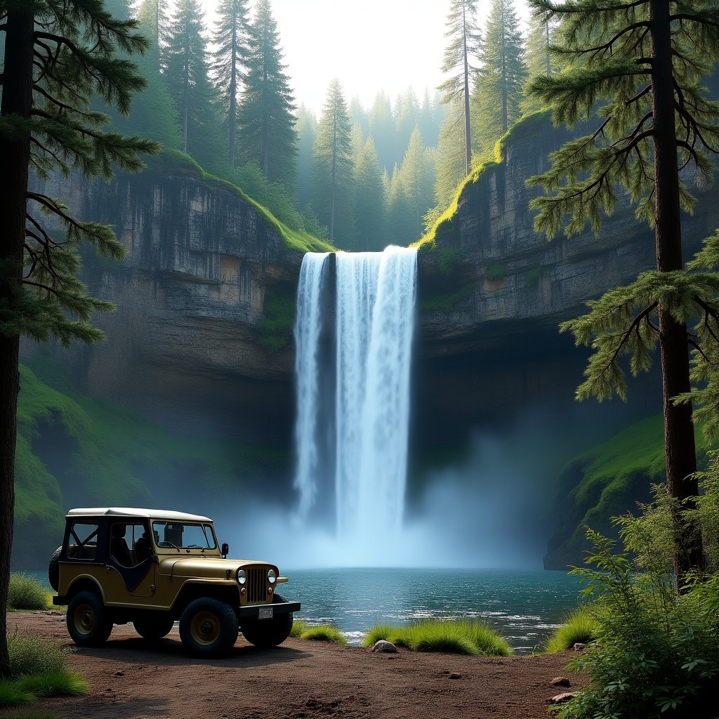 Majestic waterfall cascading down a rocky cliff. Surrounded by lush greenery and towering pine trees. Waterfall creates mist at the base. Old jeep willy in front, symbolizing exploration in nature. Soft light creates a serene atmosphere.