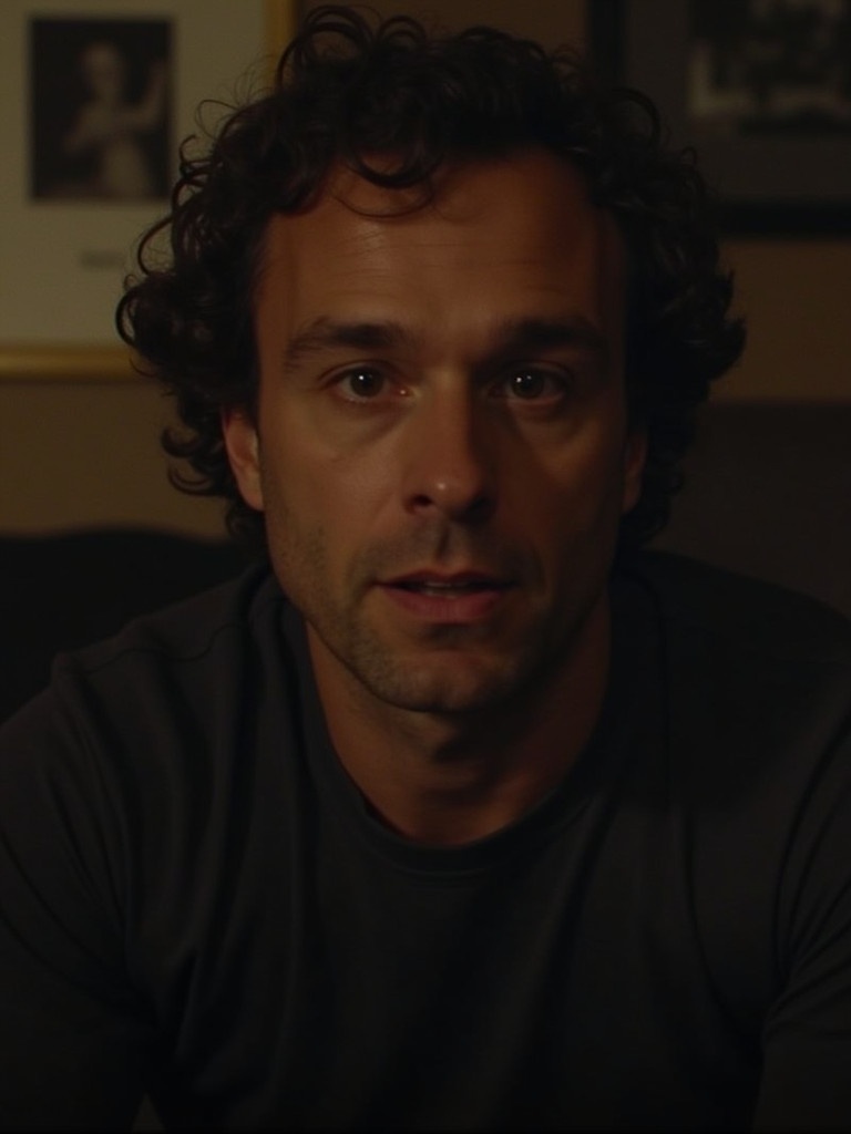 A man with curly hair and a serious expression looks directly at the camera in a dimly lit setting.