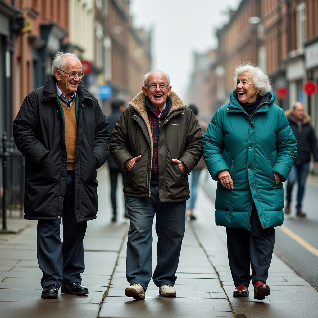 Three elderly friends walking and laughing together on a city street.