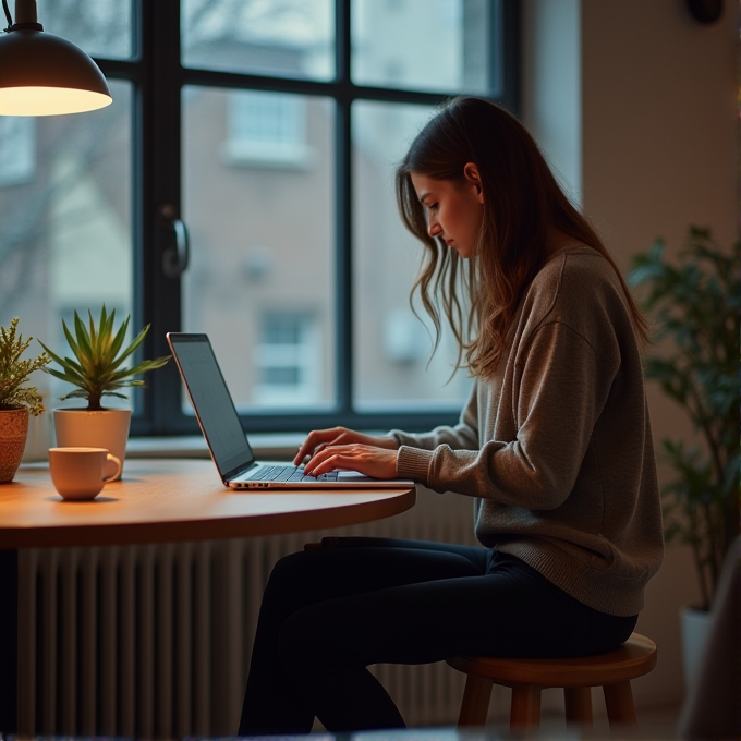 A woman attentively working on a laptop at a cozy table by a large window, surrounded by potted plants and a mug under warm ambient lighting.