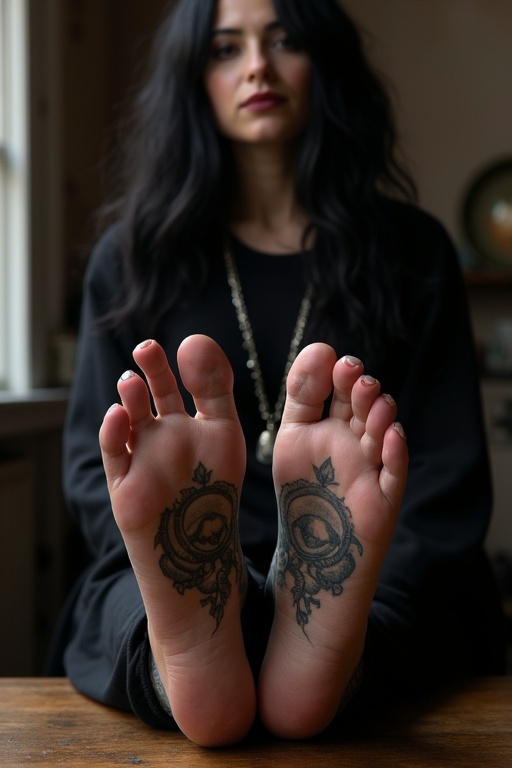 Image features mature goth woman showcasing big tattooed soles. She sits on a chair with feet on the table. Outfit reflects goth style with long black hair flowing. Artistic focus on individual foot tattoos.