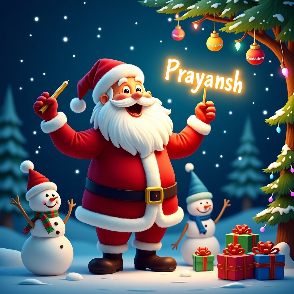 Santa Claus in iconic red and white suit. Santa holds a glow stick showing the name 'Prayansh.' He radiates holiday cheer. Two snowmen stand beside him. The setting is a snowy night with stars. Bright Christmas lights adorn the trees. Presents in vibrant colors surround Santa.