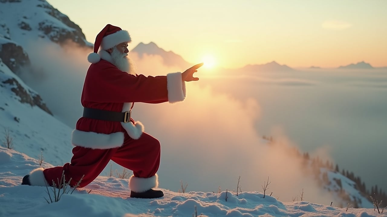 Cinematic image features Santa Claus practicing Tai Chi. Scenic misty mountains at twilight with snow in distant mountains with soft light and sunshine.