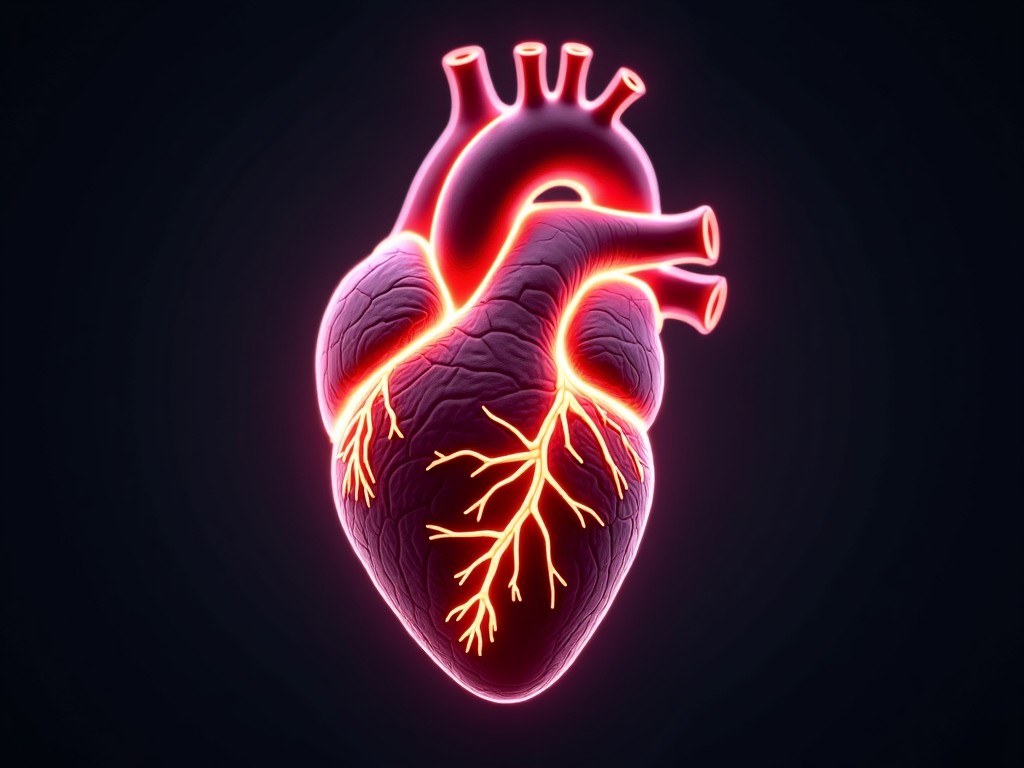 This image features an artistic representation of a human heart. The heart is stylized with a glowing effect that highlights its anatomical details. Veins and arteries are depicted with vibrant lines that enhance the heart's structure. The background is dark, making the heart pop with its luminous appearance. This illustration is designed to capture the attention of viewers interested in biology and health.