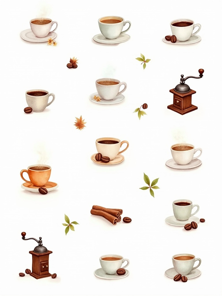 Watercolor clipart featuring various coffee cups and a coffee grinder. White background. Different styles and colors of cups. Some cups contain coffee with steam. Include coffee beans and cinnamon sticks. Simple and elegant design.