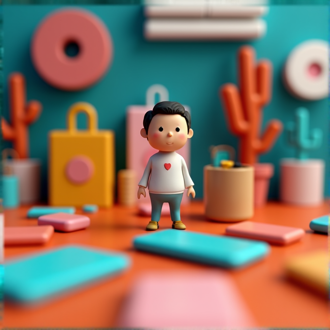 A cute cartoon character stands in a colorful, abstract environment with bright shapes and objects.