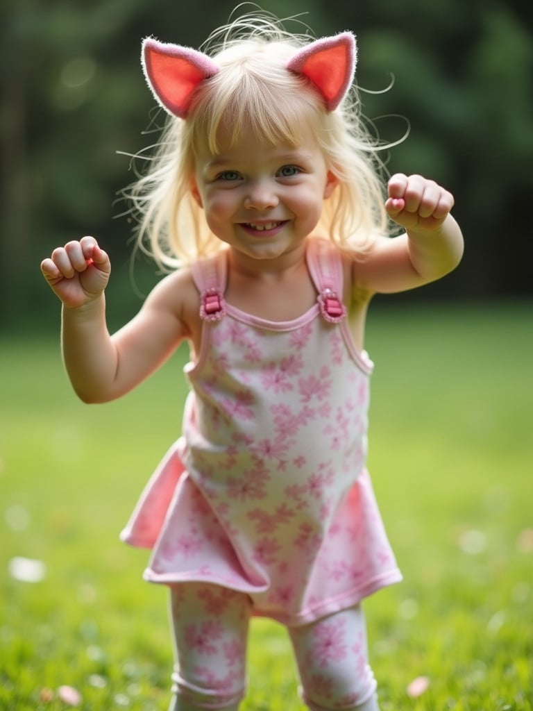 A young girl with long blonde hair wears a pink outfit with floral details. She is in a park practicing the cat cow pose. The setting is green and sunny.