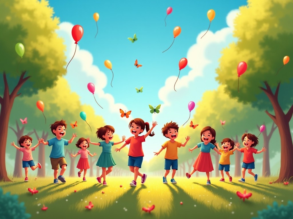 The image depicts a joyful scene of children playing in a vibrant park. A group of eight children, both boys and girls, are running around with colorful balloons. They are smiling and laughing while some butterflies flutter around them. The background features lush green trees and a bright blue sky, enhancing the cheerful atmosphere. This scene captures the essence of childhood joy and carefree moments in nature.