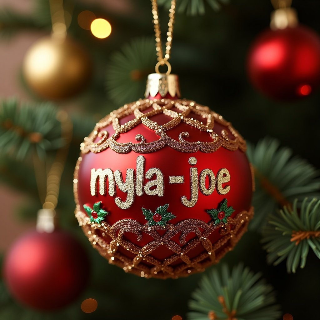 The image showcases a beautiful Christmas bauble with the name 'myla-joe' elegantly displayed on it. This red ornament features intricate gold detailing and festive green accents. It hangs gracefully from a Christmas tree, surrounded by other ornaments. The warm lighting enhances the festive spirit of the scene. This image perfectly captures the essence of personalized holiday decorations.