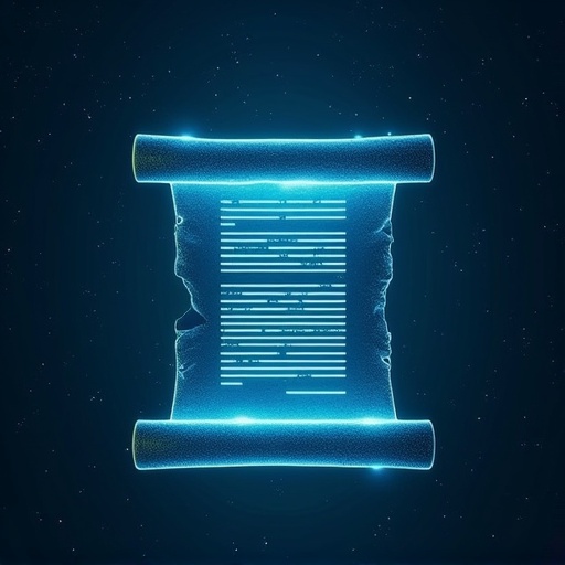 Dark blue starry background. A semi-transparent futuristic digital scroll in the center. The scroll unrolls to show 12 glowing white lines. Green and blue light effects symbolize technology.