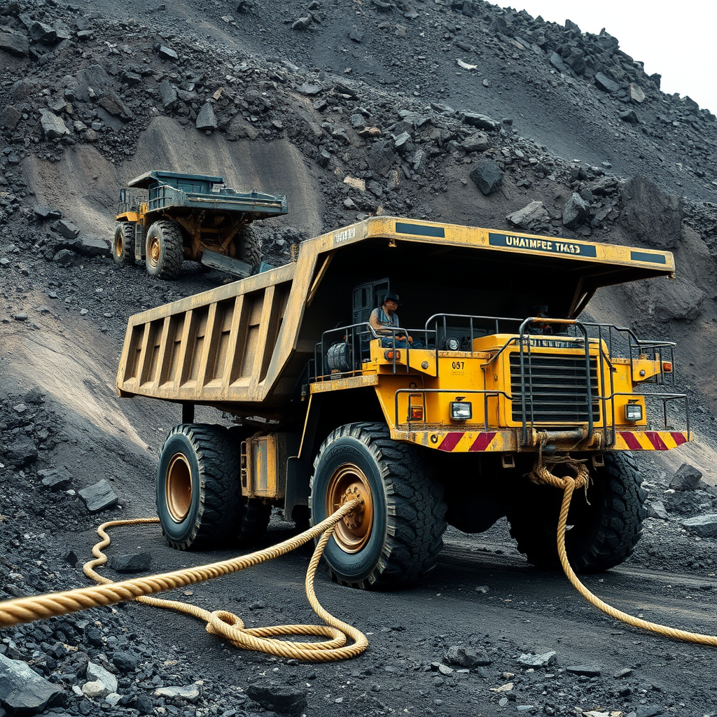 Two large yellow dump trucks are parked in a rugged, rocky mining area connected by sturdy ropes.