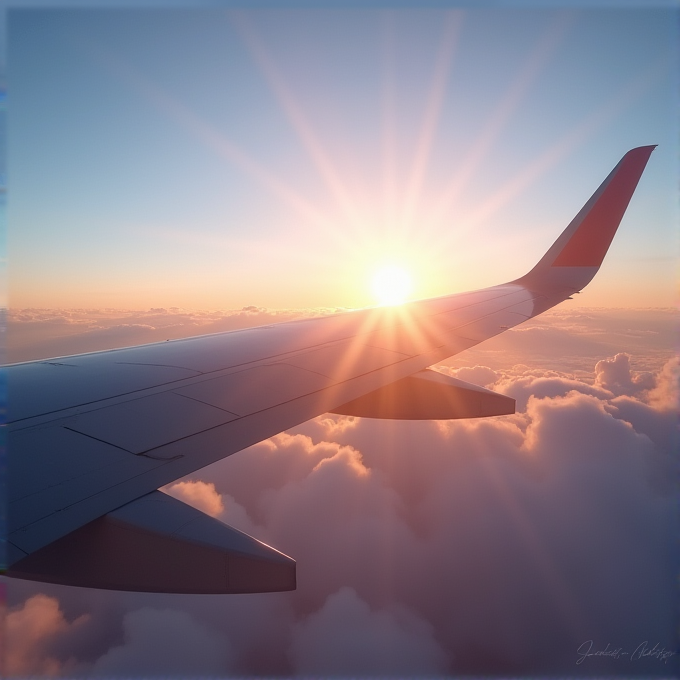 A breathtaking view from an airplane window showcasing the sun rising above the fluffy clouds, casting a warm glow over the aircraft wing.