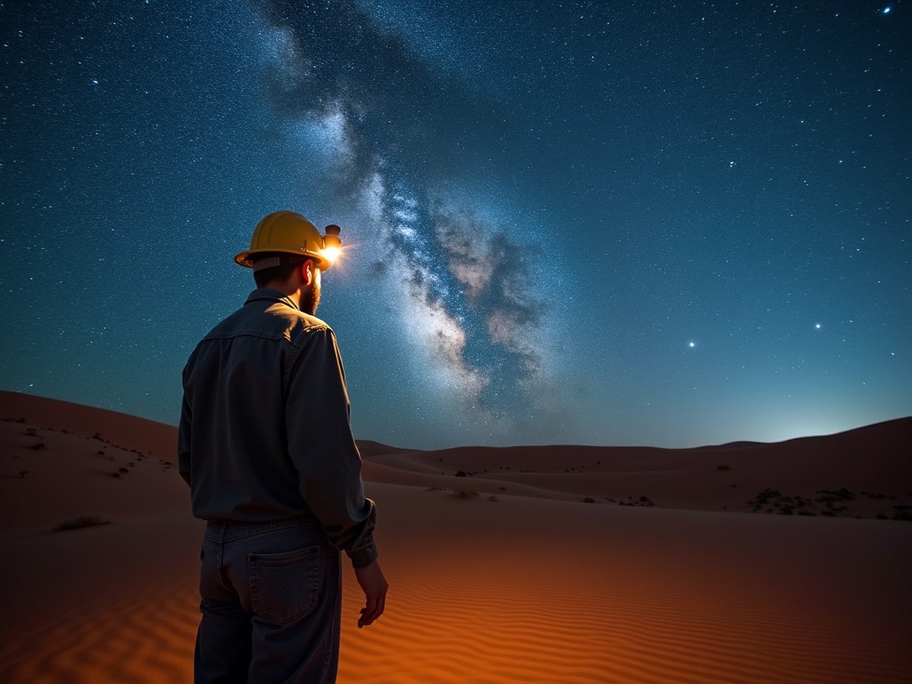 A person in a yellow helmet stares at the Milky Way from a desert at night.