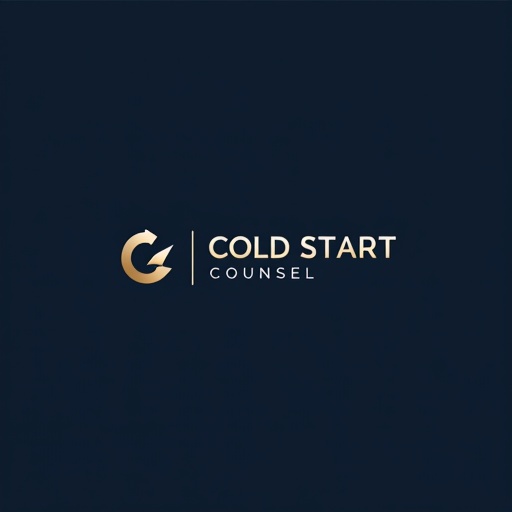 Logo design for Cold Start Counsel. A modern and minimalistic approach with abstract elements. The logo conveys trust and innovation. Refined color palette includes deep blue and elegant gold. Clean lines and subtle gradients are featured. Incorporates clever negative space and dynamic typography. Timeless design suitable for light and dark backgrounds.