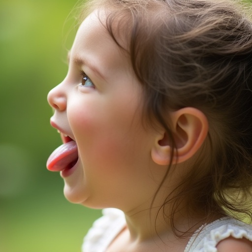 Image shows a little girl with a playful expression. She has her mouth wide open and tongue out. The focus is on her joyful demeanor. The setting is a natural environment with soft colors.